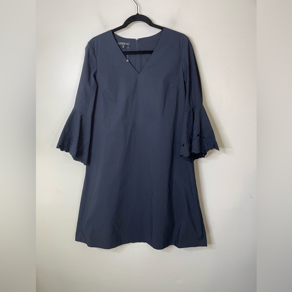 Lafayette 148 Navy Blue Holly Expedition Cloth Ruffle Cuff Shift Dress Sz M - Picture 2 of 11